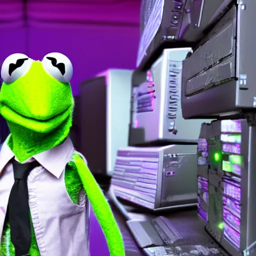 Image similar to Kermit the frog as a computer hacker, cyberpunk unreal 4k neon muppet digital art