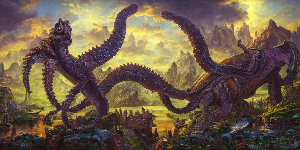 Image similar to fantasy oil painting, great leviathan, cybernetic turtle cephalopod terrapin reptilian pachyderm squid, bella hadid, hybrid, milla jovovich, anubis epic islamic city, natural light, lush plants flowers, spectacular mountains, bright clouds, luminous sky, outer worlds, golden hour, michael cheval, edward hopper, michael whelan, hd