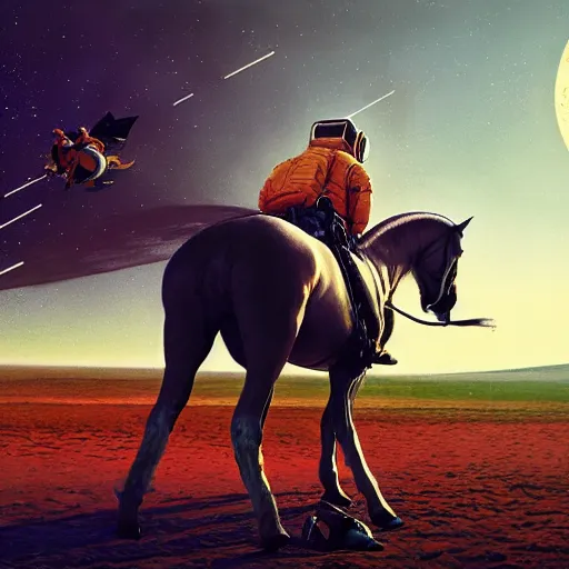 Image similar to a horse on top of a man, an astronaut carrying a horse, hyperrealism, no blur, 4 k resolution, ultra detailed, style of ron cobb, adolf hiremy - hirschl, syd mead, ismail inceoglu, rene margitte