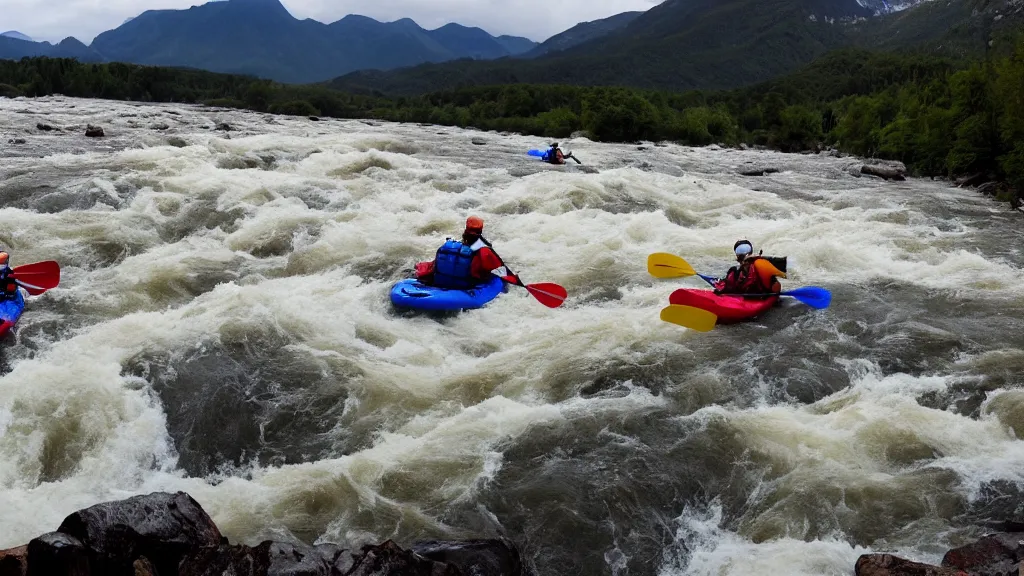 Image similar to a huge river with raging white water, mountains in the background, two kayakers navigating the rapids, epic lighting