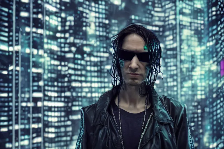 Image similar to cyberpunk hacker portrait in high tech compound by Emmanuel Lubezki