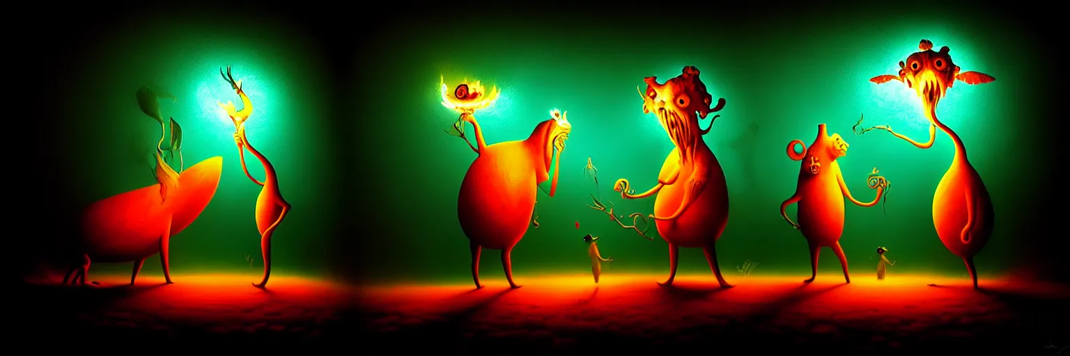 Image similar to whimsical creatures from the depths of the imagination, dramatic lighting from fire glow, surreal dark uncanny painting by ronny khalil