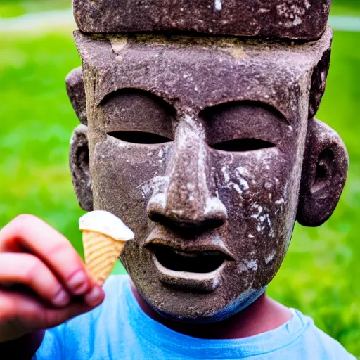 Image similar to a very upset and crying kid holding an ice cream cone but the ice cream is replaced with a small moai statue, 4 k photograph