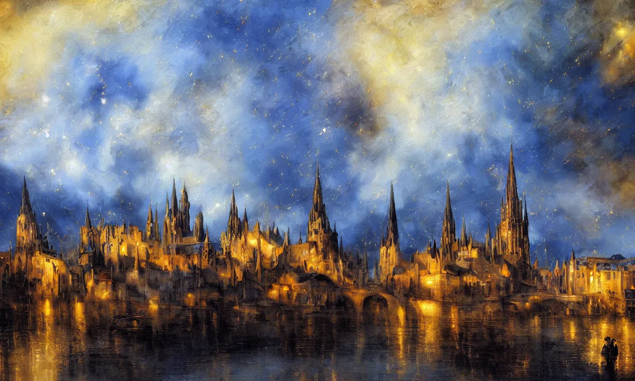 Prompt: breathtaking oil painting of a medieval city landscape with moody dark tumultuous clouds, palette knife, at blue dawn with strokes of light and golden petals flying, galaxy and cosmos nebulae, art nouveau cathedral on the shore, rembrandt style, concept art, matte, palette knife painting, by georgia hart and osnat fine art,