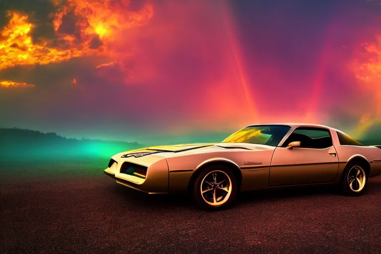 Prompt: pontiac firebird with glowing paint, sunrise, eerie light, fireflies, pokemon, pokemon, dramatic, cinematic, forest, sunbeams, volumetric lighting, wide shot, low angle, lightning hitting the car