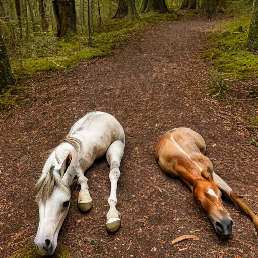 Prompt: two dead horses'body lying on the woods'path, and each horse body has some arrow on it, photo, 8 k