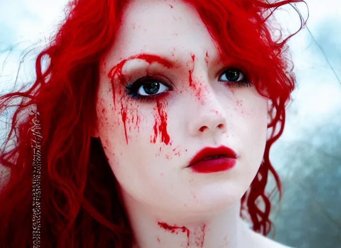 Prompt: award winning 5 5 mm close up face portrait photo of a redhead with blood - red wavy hair and intricate eyes that look like gems, in a park by luis royo