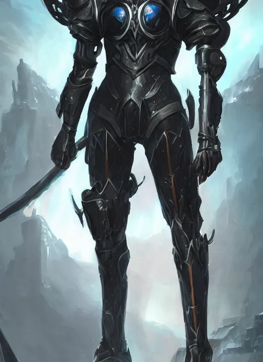 Image similar to dark seraphim knight in light armor wielding a magical lance, full body silhouette. dark water, cyberpunk pearl armor, futuristic fantasy, highly detailed, digital painting, trending on artstation, concept art, sharp focus, illustration, art by artgerm and nixeu and greg rutkowski and magali villeneuve.