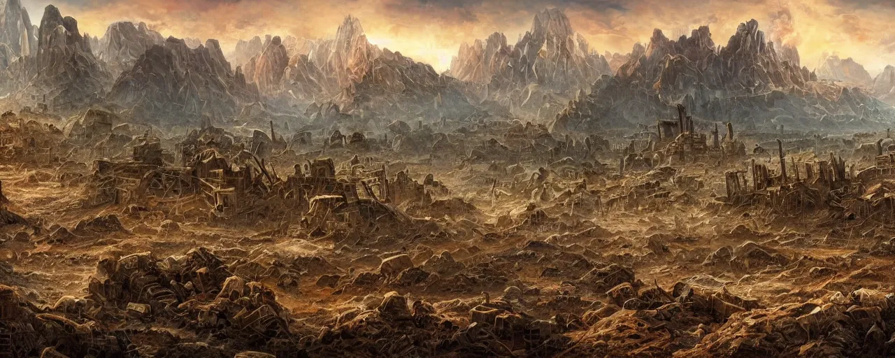 Image similar to apocalypse landscape, ruins and mountain in the background, broken rusty robots scattered on the ground, masterpiece 4k, intricate details, realistic, panoramic view, Hyperdetailed, 8k resolution, intricate art nouveau