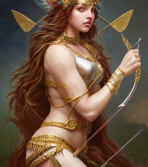 Image similar to aphrodite goddess wearing an arrow on her head, high resolution, uhd, digital illustration, in the style of greg rutkowski, fantasy, amazing detail, epic, intricate, elegant, hyper realistic, hyperdetailed, style of laura sava, smooth, sharp focus