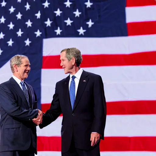 Prompt: george w bush shaking hands with osama bin laden, 8k cinematic lighting, very sharp detail, anatomically correct