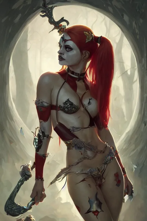 Image similar to portrait of harley quinn as a demon elf queen, forest, godlike, upper body, fantasy, intricate, elegant, highly detailed, digital painting, artstation, concept art, sharp focus, illustration, art by artgerm and greg rutkowski and alphonse mucha