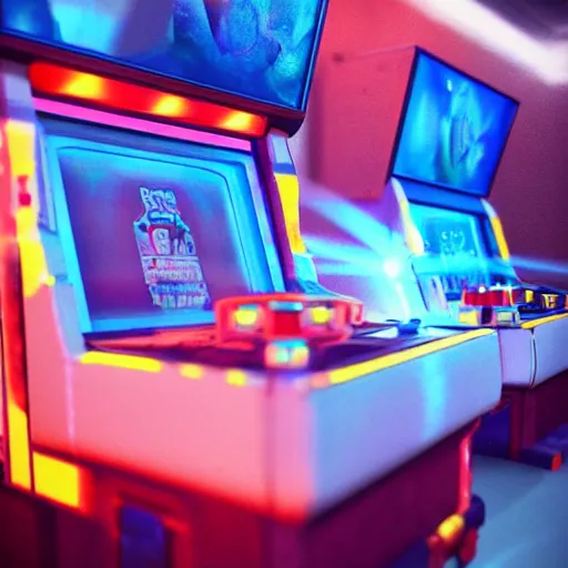 Image similar to 1990s arcade machine, octane render, unreal engine, digital art, Artstation, Trending on Artstation, Artstation HQ, Artstation HD, cgsociety, Pinterest, 8k , close up to the screen, godrays, volumetric, reflections, cinematic, epic, accurate, coherent, 3D Render,