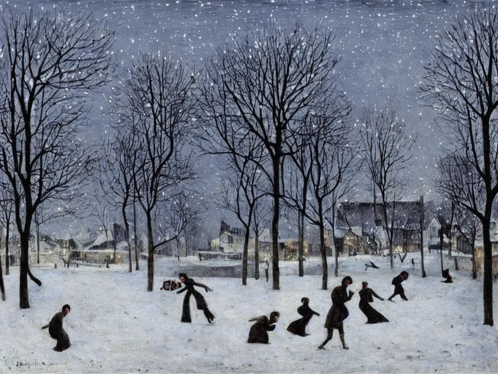 Image similar to Night scene. Women playing in the snow. Paul Delvaux