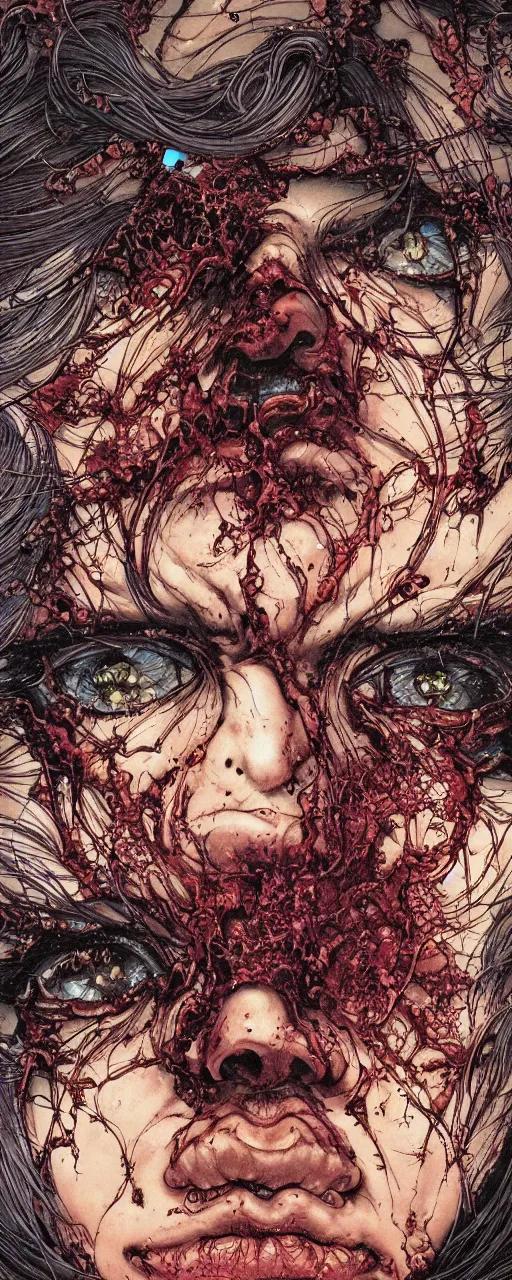 Prompt: closeup of face melting in agony, inside a frame on a tiled wall, frontal picture, by yoichi hatakenaka, masamune shirow, josan gonzales and dan mumford, ayami kojima, takato yamamoto, karol bak