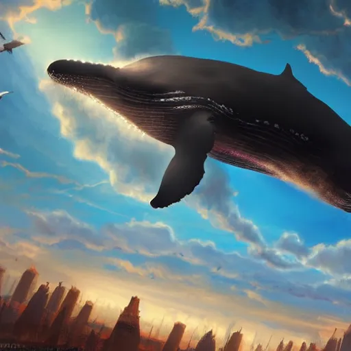 Prompt: A huge whale flying in the clouds above a steampunk mega city, golden lighting, artstation, realistic digital painting