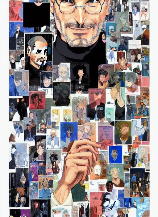 Image similar to steve jobs manga in color, final page, portrait, by katsuhiro otomo and hiroya oku and makoto yukimura