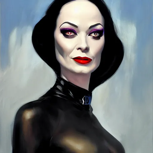 Image similar to greg manchess portrait painting of morticia from addams family as overwatch character, medium shot, asymmetrical, profile picture, organic painting, sunny day, matte painting, bold shapes, hard edges, street art, trending on artstation, by huang guangjian and gil elvgren and greg rutkowski