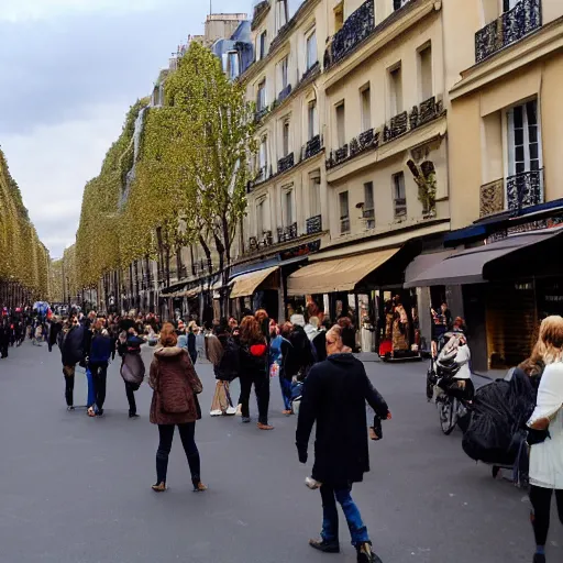 Prompt: a street in paris with a crowd