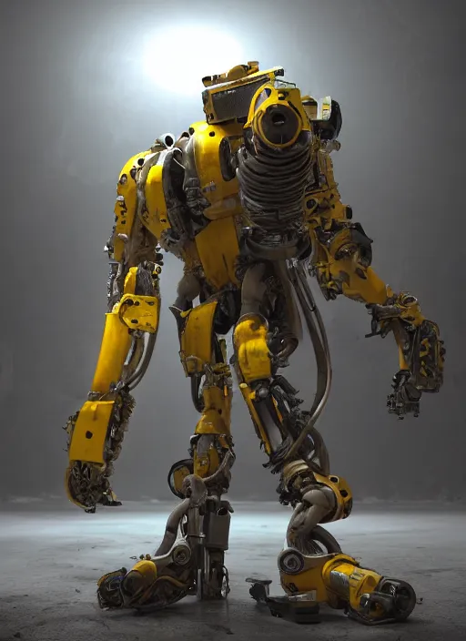 Image similar to a photorealistic dramatic hyperrealistic render of a futuristic exosuit power loader heavy machinery, ultra realistic details, glossy yellow, well worn, rust, oil stains by vitaly bulgarov and mike nash, beautiful dramatic dark moody tones and lighting, cinematic atmosphere, studio lighting, global illumination, shadows, dark background, octane render, 8 k