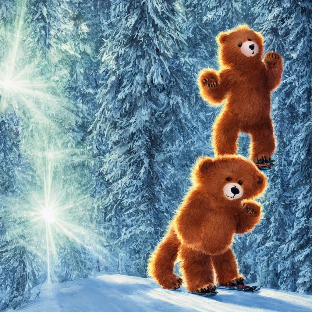 Image similar to a cute humanoid fluffy fur bear cub standing on ski skiing down the hill through a snowy forrest in, light rays are shining through the trees above, magical environment, beautiful light. trending on artstation 4 k award in winning artwork. vivid colors. detailed painting. kids book illustration.