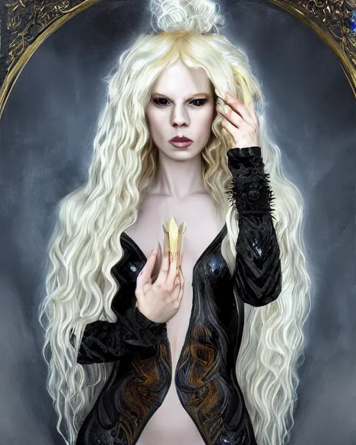 Image similar to Lucius as an androgynous albino prince in a black gilded obsidian bodysuit, long fluffy golden blonde curly hair, symmetrical center parted curtain bangs, digital painting, sci-fi setting, symmetrical features, Daniel Gerhartz, high detail intricate, artstation, WLOP, Artgerm, J. Scott Campbell; Olivia De Berardinis, Daniel Gerhartz, jack kirby, mysterious vibes