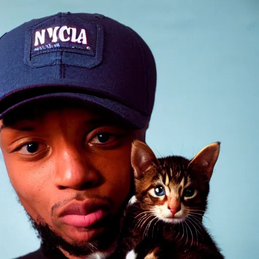 Image similar to 15mm wide-angle lens of a 1990 New York rapper holding a kitten up to the camera