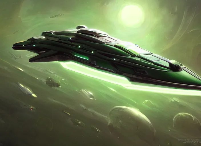Prompt: A Gallente cruiser spaceship made of dark green reflective metal adorned with glass from Eve-online, gorgeous, beautiful, sci-fi, extremely detailed, digital painting, artstation, concept art, smooth, sharp focus, illustration, intimidating lighting, incredible art by artgerm and greg rutkowski and alphonse mucha and simon stalenhag