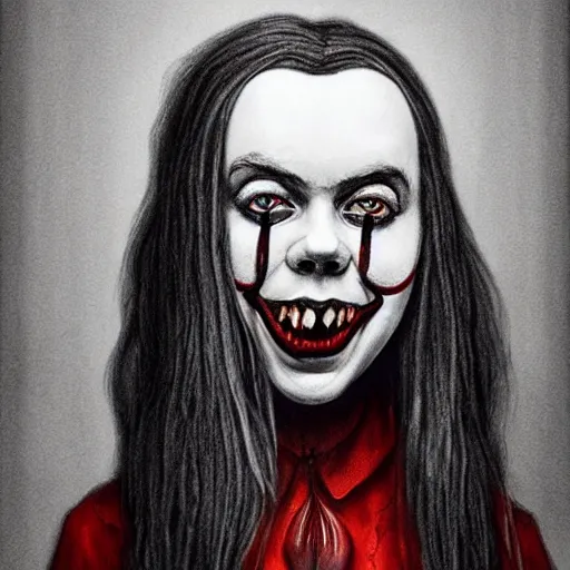 Prompt: sketch of Billie eilish with a wide smile and a red balloon by Zdzisław Beksiński, loony toons style, pennywise style, corpse bride style, creepy lighting, horror theme, detailed, elegant, intricate, conceptual, volumetric light