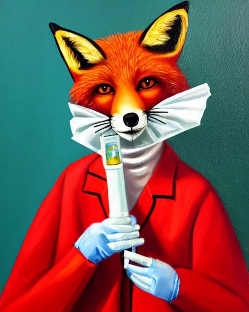 Image similar to oil painting portrait of anthropomorphic female fox animal dressed in doctor's coat, surgical mask covering mouth, red eyes, holding syringe, fox animal, hospital in background, oil painting,