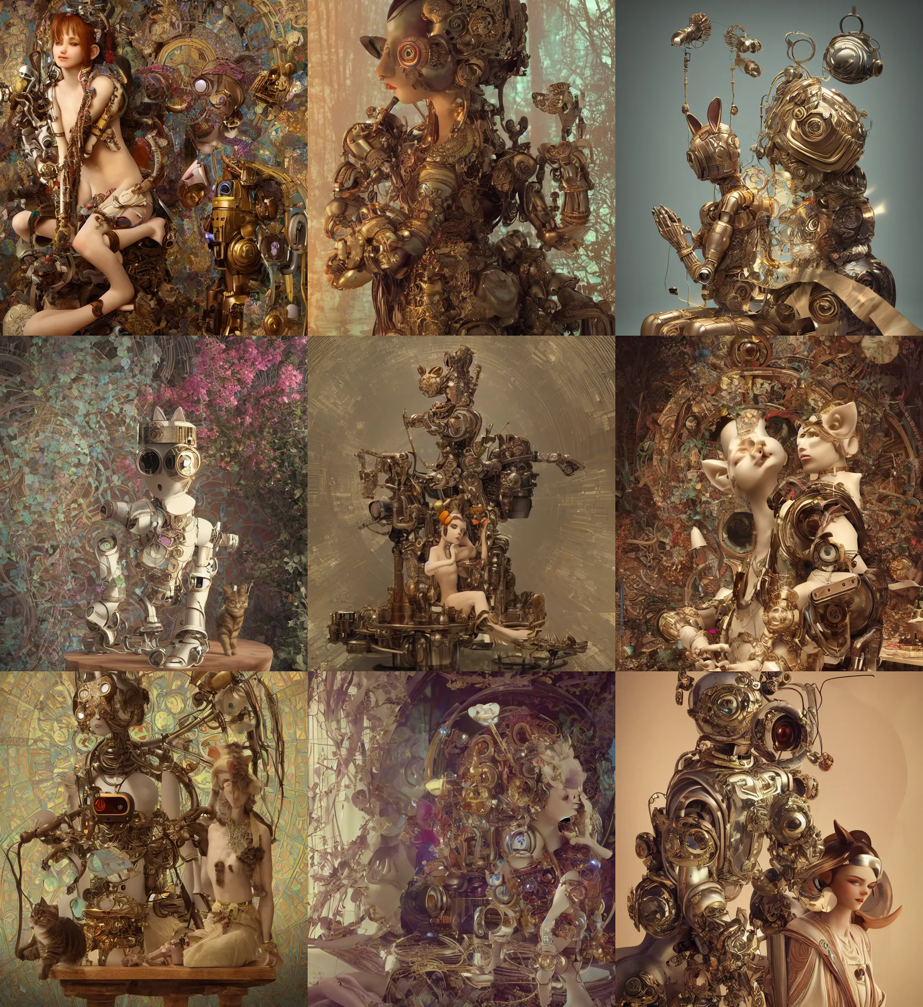 Prompt: 3D octane render ultra 8K photorealistic hyperdetailed unreal engine , a wooden sculpture, art toys on a pedestal , a very cute mystical robot of the bohemian with cat’s ears in a zen , concept art , trending on cgsociety ,artwork masterpiece , in a contemporary art gallery in neo Paris by Alphonse Mucha