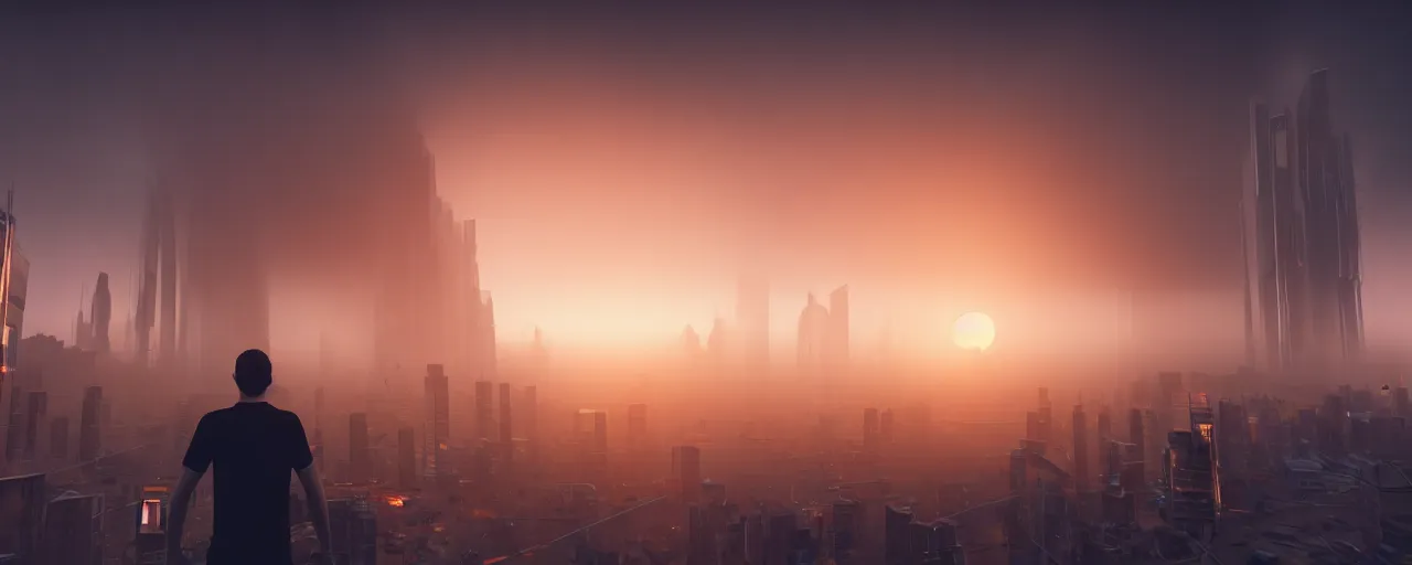 Image similar to man staying on the build edge and watching sunset over big futuristic city, high detailed, unreal engine, depth of field, fog