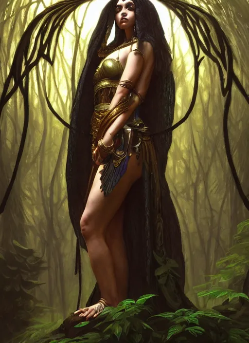 Image similar to cleopatra as the angel of death in a forest, deep focus, d & d, fantasy, intricate, elegant, highly detailed, digital painting, artstation, concept art, matte, sharp focus, illustration, hearthstone, art by artgerm and greg rutkowski and alphonse mucha