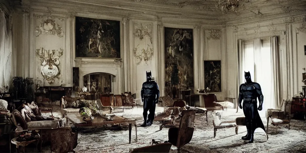 Image similar to Batman standing in giant Italian modern castle living room, photo by Annie Leibovitz