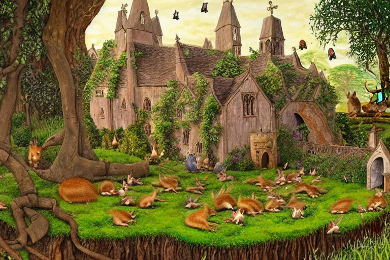 Image similar to an elaborate and dense painting of redwall abbey in mossflower wood with lots of mice and rabbits and otters walking around, detailed by brian jacques and greg rutowski