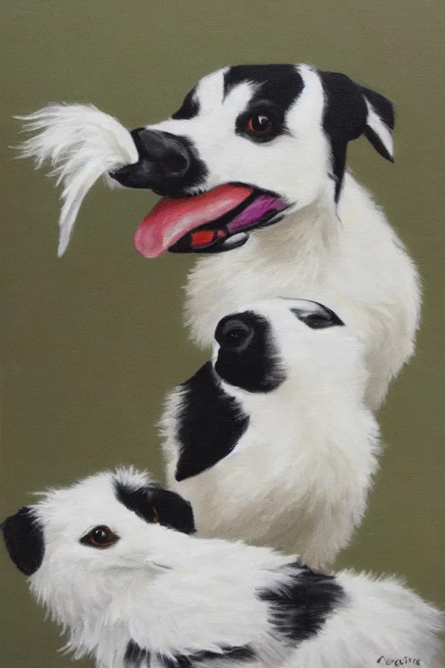 Image similar to painting of a cute white duck and a merle border collie