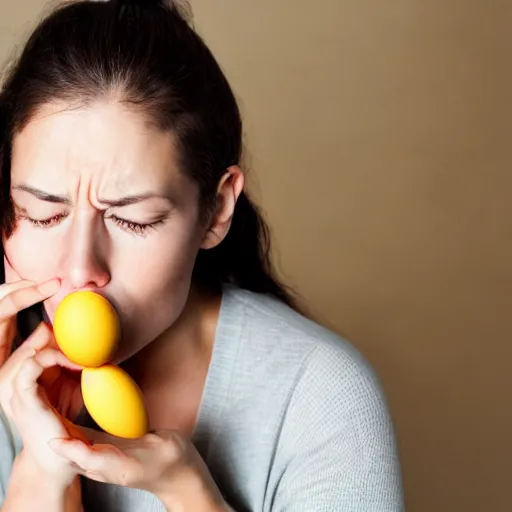 Image similar to a woman eating the last egg while looking sad, realistic photo,