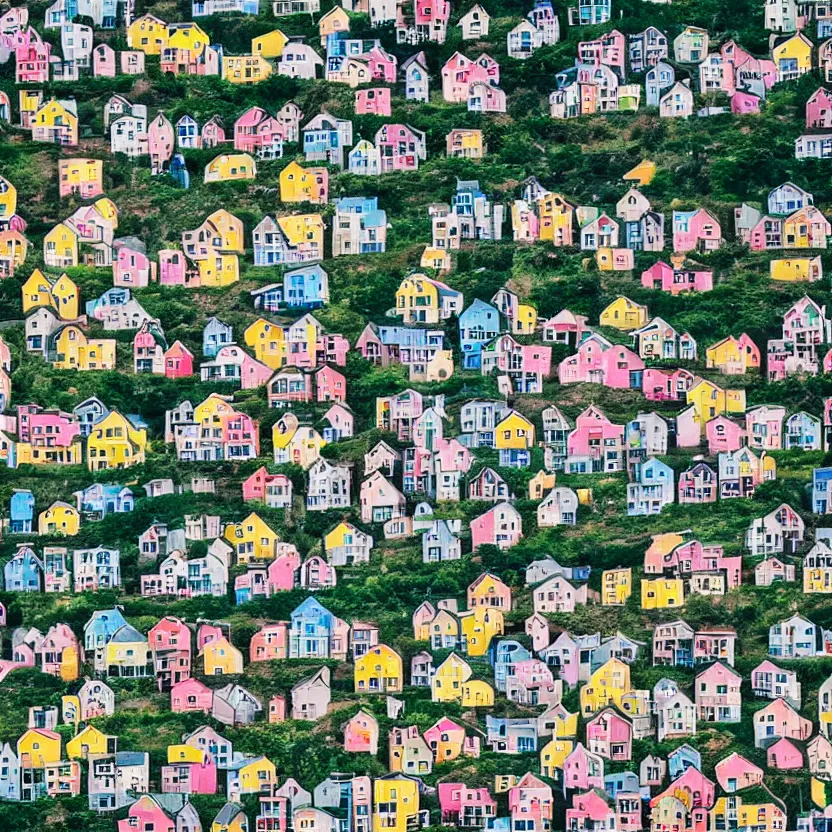 Image similar to little boxes on the hillside little boxes made of ticky tacky little boxes on the hillside little boxes all the same there's a pink one and a green one and a blue one and a yellow one, 3 5 mm photography