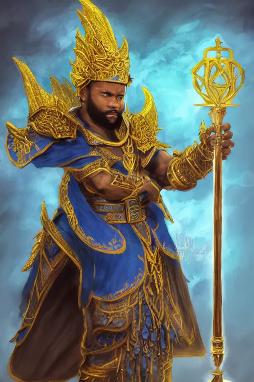 Prompt: Picture of a male Cleric, black skin, blue short hair, short beard, dragon-inspired cloth robes, gold and blue, ornamental, hammer, wings, background depicting a temple, fantasy, dnd, d&d, sharp focus, smooth, illustration, matte painting, highly detailed, by akihiko yoshida, james jean andrei riabovitchev marc _ simonetti, yoshitaka amano, artstation, cgsociety