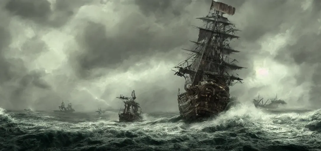 Image similar to wild ocean storm, old wooden pirate ship gets pulled down by giant kraken, appearing from fog, mist, dramatic lighting, cinematic, establishing shot, extremly high detail, foto realistic, pirates of the carribean, cinematic lighting, post processed, concept art, artstation, matte painting, style by eddie mendoza, raphael lacoste, alex ross