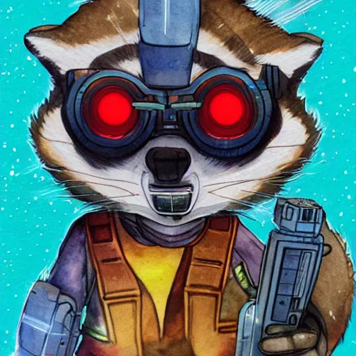 Prompt: racoon holding a laser gun, digital art, guardians of the galaxy style, centered award winning watercolor pen illustration, by caroline choi, edited by range murata