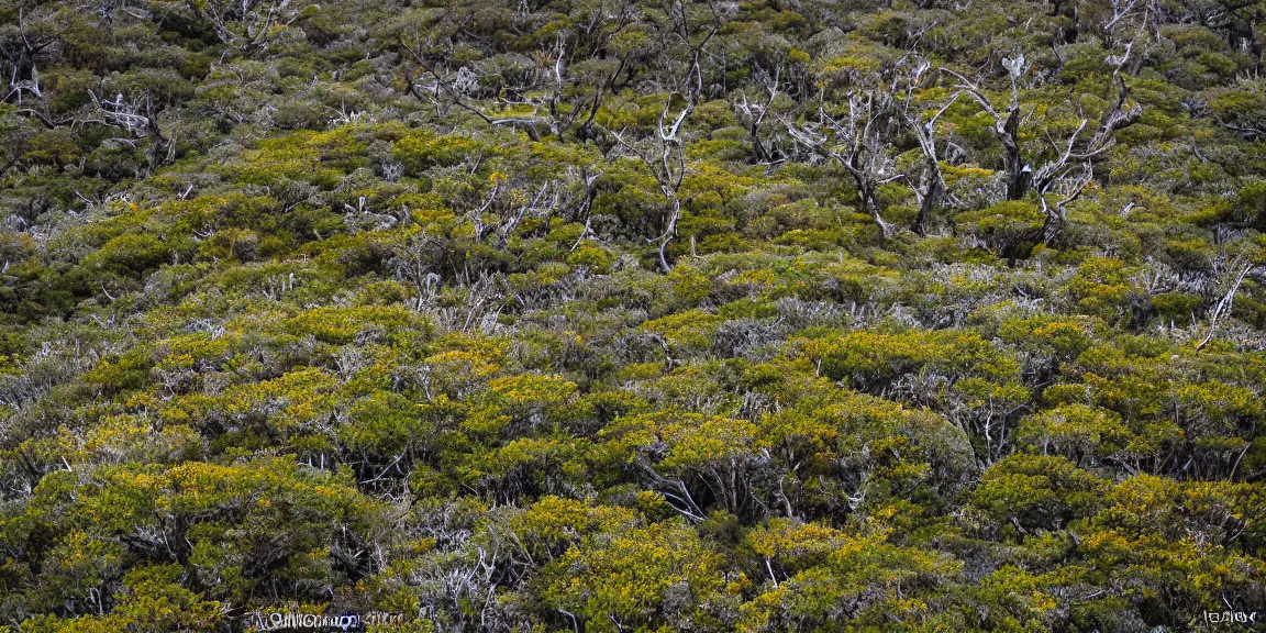 Prompt: Patagonian temperate forests. Magellanic, mountainous area. Rare flora, Nothofagus, twisted and bent trees. windy environment, shrubs, rocky and poorly drained. Succulent species, crowberries carpeting the ground. Overcast, cloudy. September 12th. Patagonian Chile and Argentina. Trending on Artstation, deviantart, worth1000. By Greg Rutkowski. National Geographic and iNaturalist HD photographs