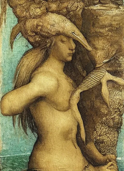 Image similar to painting on an african mermaid, art by leonardo davinci, highly detailed, smooth, sharp focus, intricate, symmetry, masterpiece work of art,