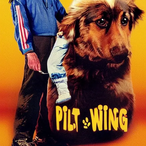 Image similar to a 8 0's movie poster about a guy and his dog. they are pilots it's called wing and a paw