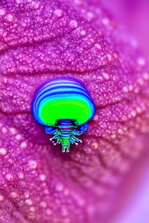 Image similar to high quality macro photo iridescent cyborg caterpillar! cute highly detailed david ligare elson peter cinematic pink lighting high quality low angle hd 8k sharp shallow depth of field