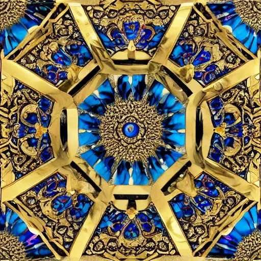 Image similar to an psychedelic intricately carved marble set with gold flourishes and diamonds of various colors in the form of hexagons against a blue ornate background