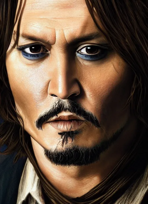 Image similar to portait of Johnny Depp, sharp focus, illustation, stunning lighting, realistic character concept, light atmosphere, golden ration, cinematic lighting, high resolution, insanely detailed and intricate, art by Hayao Miyazaki and Matt Groening, 8k