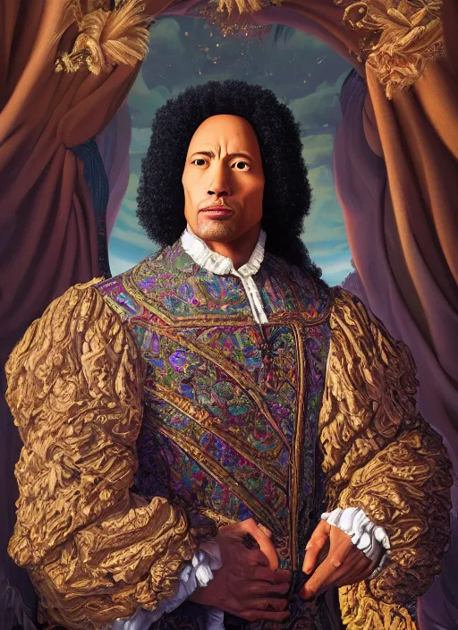 Image similar to beautiful oil painting, portrait of Dwayne the rock Johnson as Louis xiv in coronation robes 1701, Dan Mumford, Dan Mumford, Dan Mumford, Alex grey, Alex grey, lsd visuals, dmt fractal patterns, entheogen, psychedelic, hallucinogen, highly detailed, ornate, vaporwave