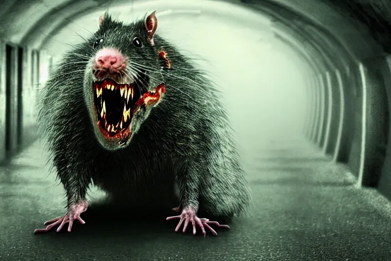 Image similar to very large giant mutant zombie irradiated ( angry rat ) staying on railways in tonnel of moscow subway. tonnel, railways, giant angry rat, furr, fangs, claws, very realistic. fog, extreme long shot, herman nitsch, giger.