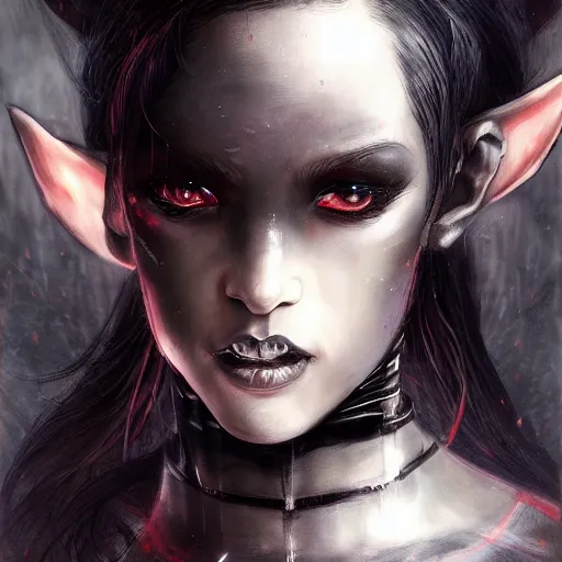 Prompt: portrait of a female dark elf by ayami kojima, she is about 2 0 years old, american, black hair, introvert, she is wearing a modern witch tactical gear, scifi, highly detailed portrait, digital painting, artstation, concept art, smooth, sharp foccus ilustration, artstation hq